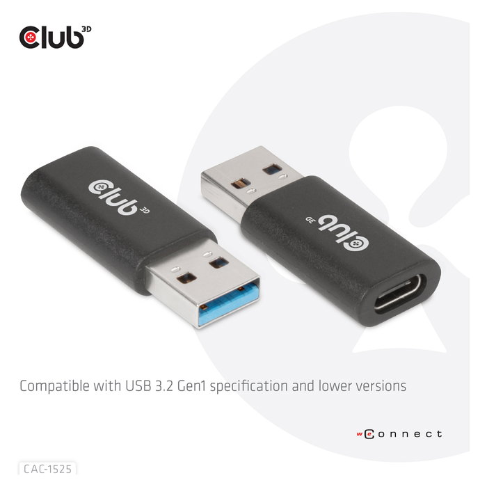 CLUB-3D Adaptador USB 3.2 Gen 1 de Tipo A a Tipo C Negro