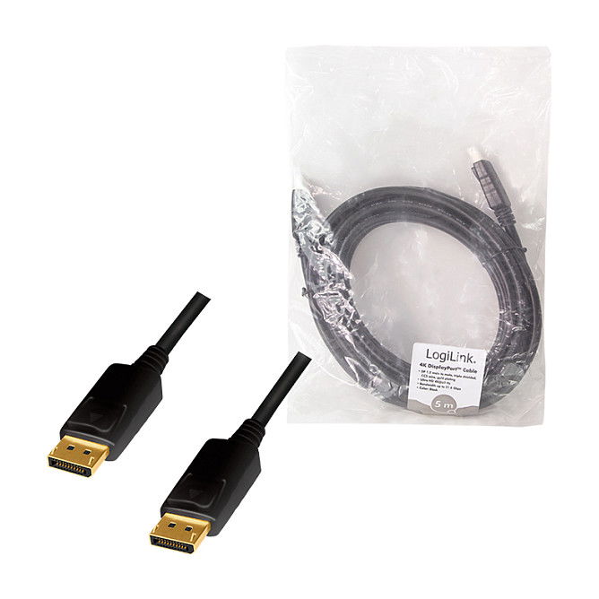 LogiLink Cable DisplayPort a DisplayPort 5 m CD0103, Macho a Macho, 4K 60Hz 3840x2160, Negro, 21.6 Gbit/s, Versión 1.2