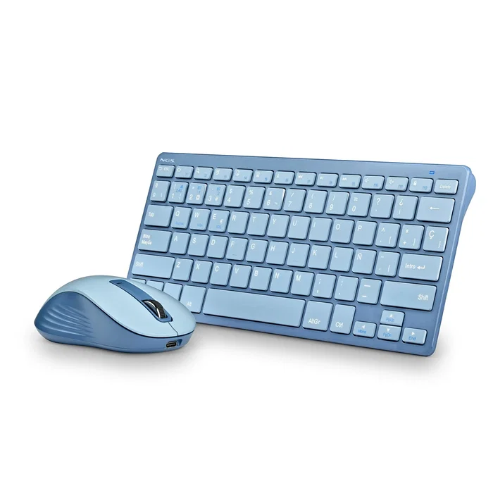 NGS Fantasy Kit Teclado y Ratón Inalámbricos Recargable QWERTY Español Azul - Silencioso, Multifunción, 12 Teclas Multimedia, Bluetooth y RF 2.4GHz, 1600 DPI