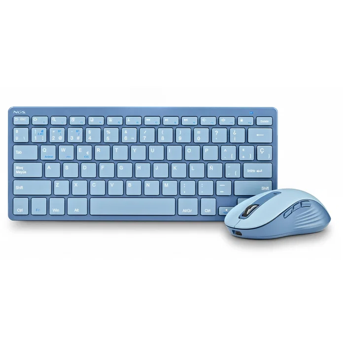 NGS Fantasy Kit Teclado y Ratón Inalámbricos Recargable QWERTY Español Azul - Silencioso, Multifunción, 12 Teclas Multimedia, Bluetooth y RF 2.4GHz, 1600 DPI