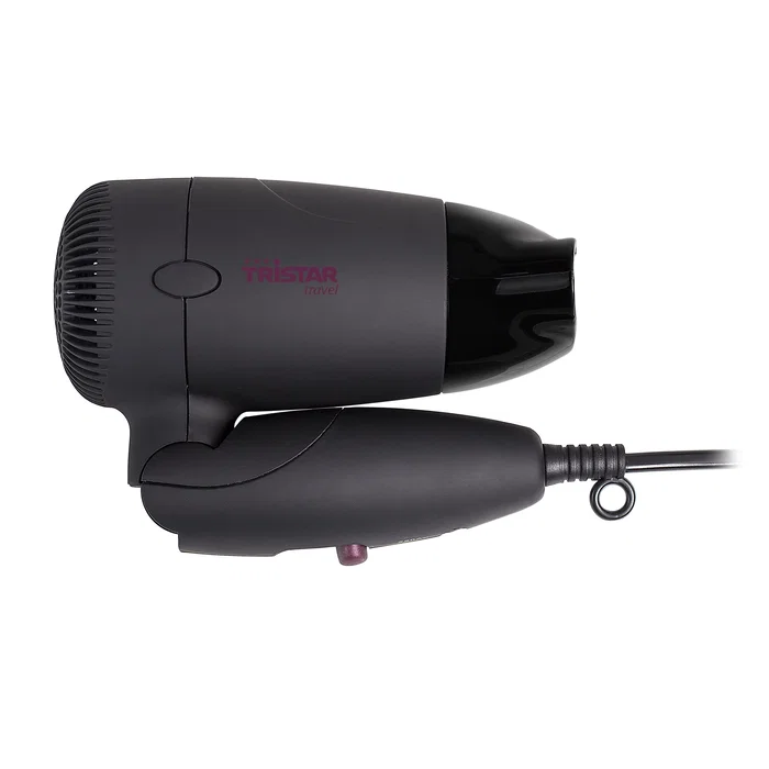 Tristar HD-2359 Secador de Pelo de Viaje Portátil, 1200W, Mango Plegable, Doble Voltaje (120-230V), Negro/Violeta, Incluye Boquilla