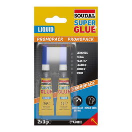 Soudal 160037 Super Glue Líquido Cianoacrilato Adhesivo Pegado Rápido Pack 2 x 3 g Ideal para Cerámica Metal Plástico Cuero Caucho Madera