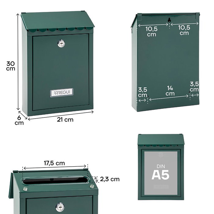 Arregui Buzón Exterior Civic Verde, Acero Galvanizado, Tamaño S (A5), 21.6 x 8 x 30 cm, con Tarjetero y 2 Llaves