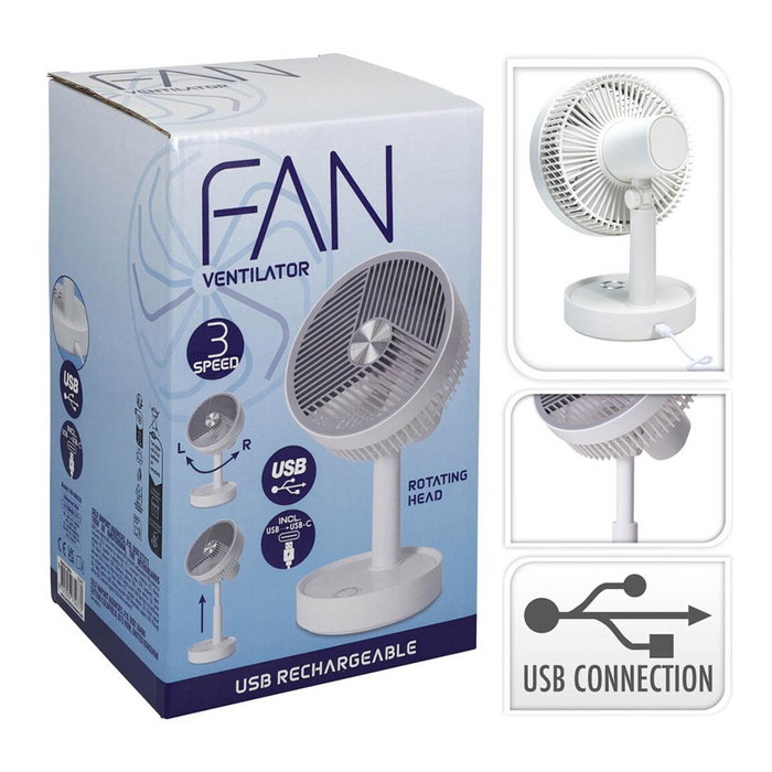 Basics VF Ventilador de Sobremesa Recargable USB-C, Oscilante e Inclinable, 3 Velocidades, Color Blanco y Gris