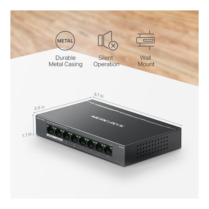 TP-Link Mercusys MS108GP - Switch Gigabit Gestionado de 8 Puertos con 7 Puertos PoE+ (65W) para Escritorio y Montaje en Pared, Negro