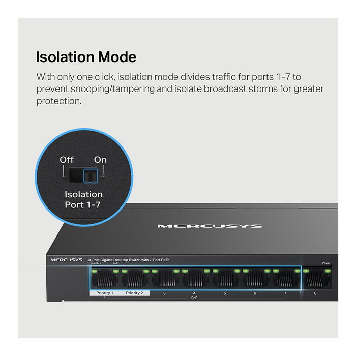 TP-Link Mercusys MS108GP - Switch Gigabit Gestionado de 8 Puertos con 7 Puertos PoE+ (65W) para Escritorio y Montaje en Pared, Negro