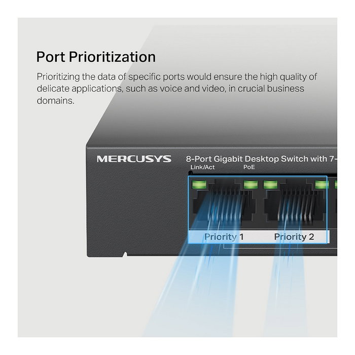 TP-Link Mercusys MS108GP - Switch Gigabit Gestionado de 8 Puertos con 7 Puertos PoE+ (65W) para Escritorio y Montaje en Pared, Negro