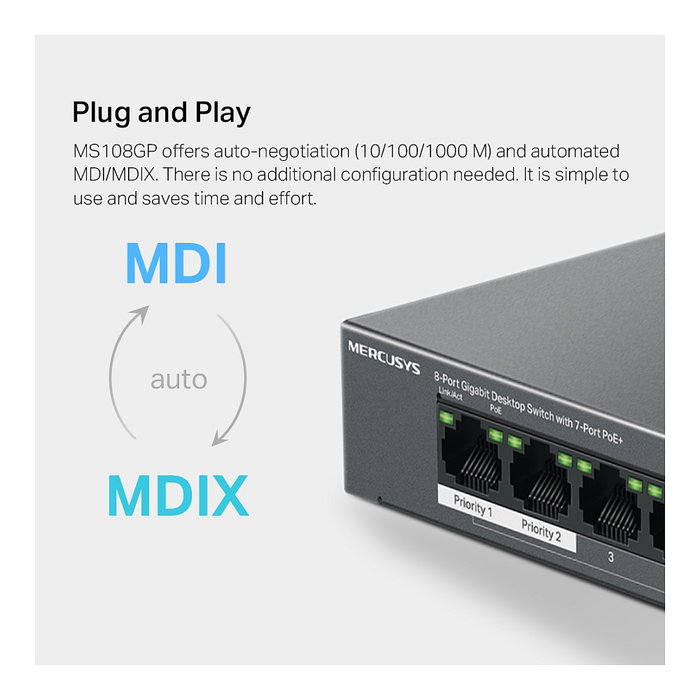 TP-Link Mercusys MS108GP - Switch Gigabit Gestionado de 8 Puertos con 7 Puertos PoE+ (65W) para Escritorio y Montaje en Pared, Negro