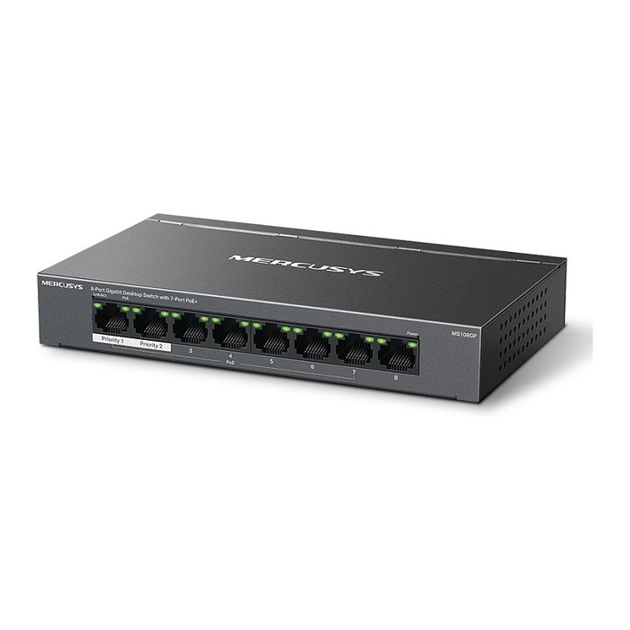 TP-Link Mercusys MS108GP - Switch Gigabit Gestionado de 8 Puertos con 7 Puertos PoE+ (65W) para Escritorio y Montaje en Pared, Negro
