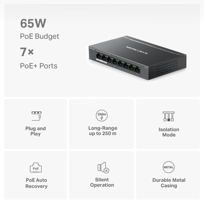 Mercusys MS108GP Switch Gigabit Ethernet de 8 puertos con 7 puertos PoE+ Mercusys MS108GP Switch Gigabit Ethernet de 8 puertos con 7 puertos PoE+