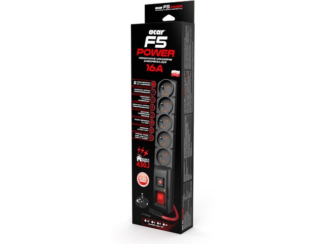 Acar F5 Power Regleta de protección 5 tomas 1,5 m 16A negro Acar F5 Power Regleta de protección 5 tomas 1,5 m 16A negro