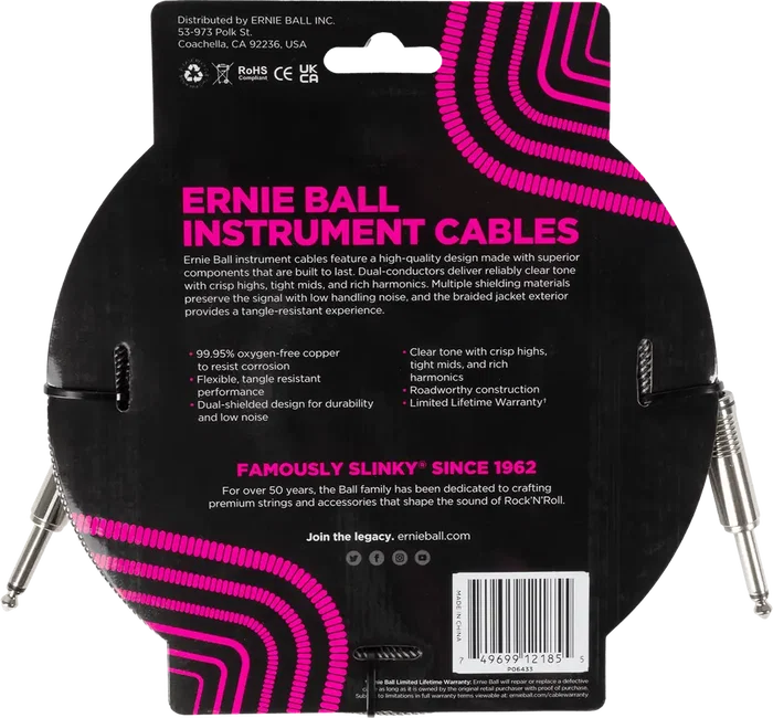 Ernieball Cable Instrumento Trenzado Jack-Jack Ss 5,5 M Plata
