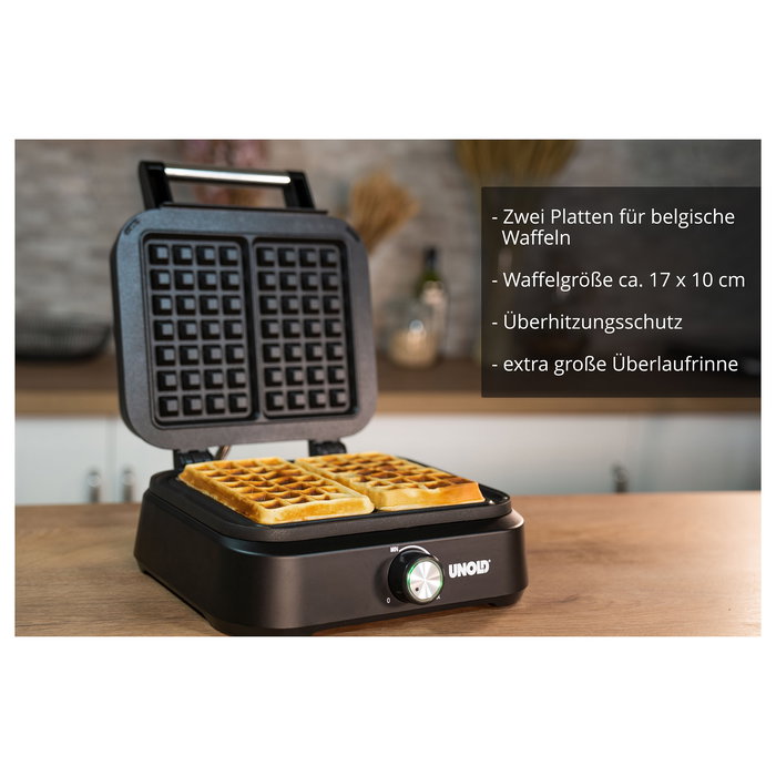 UNOLD 48275 Wafflera para Waffles de Bruselas Belgas - Doble / 2 Waffles Simultáneos