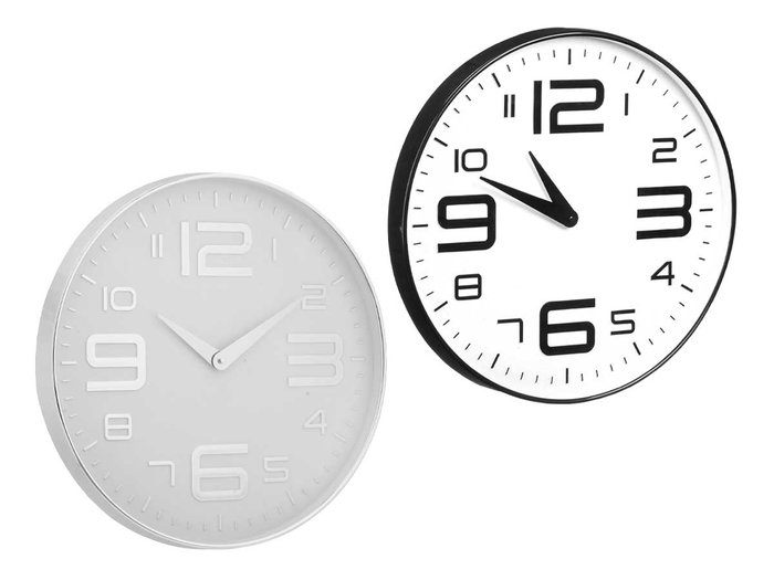 Giftdecor Reloj Redondo 50 cm Números Grandes Plástico y Vidrio Plástico Negro y Plata (Set de 6)
