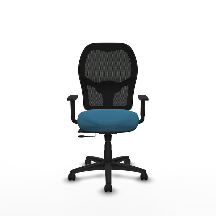Silla de oficina Alocén con mecanismo Sincro/Traslack tapizada con Tela color Verde petróleo y malla color Negro. Equipada con lumbar 1D, Brazos 1D y Ruedas de nailon 50 mm