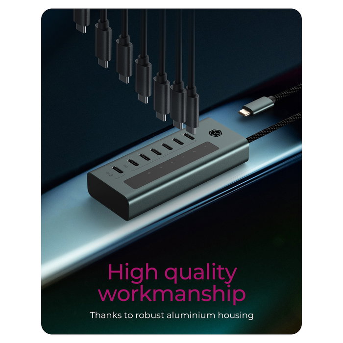 ICY BOX IB-HUB1457-C31 Hub USB-C de 7 Puertos 6xUSB-C 3.2 Gen2 Aluminio 20W PD - Azul/Gris