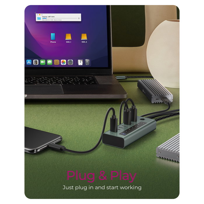 ICY BOX IB-HUB1457-C31 Hub USB-C de 7 Puertos 6xUSB-C 3.2 Gen2 Aluminio 20W PD - Azul/Gris