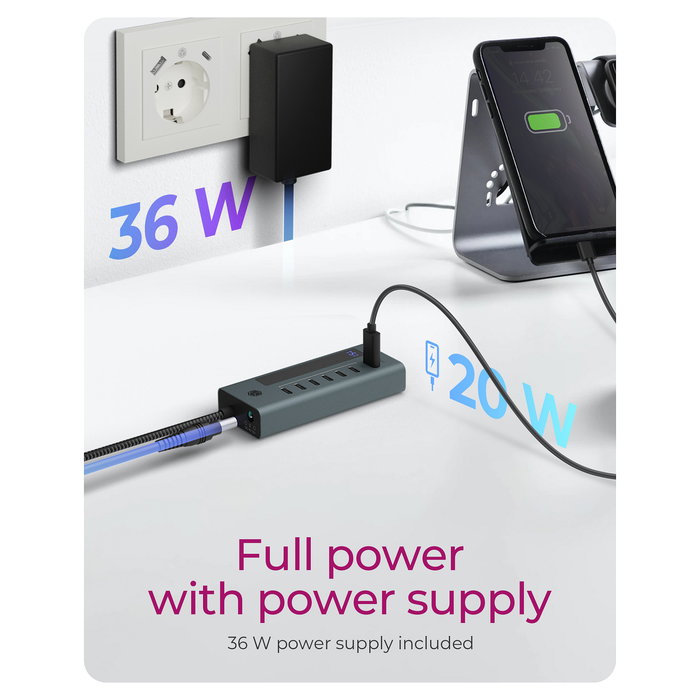 ICY BOX IB-HUB1457-C31 Hub USB-C de 7 Puertos 6xUSB-C 3.2 Gen2 Aluminio 20W PD - Azul/Gris