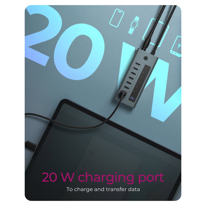 ICY BOX IB-HUB1457-C31 Hub USB-C de 7 Puertos 6xUSB-C 3.2 Gen2 Aluminio 20W PD - Azul/Gris