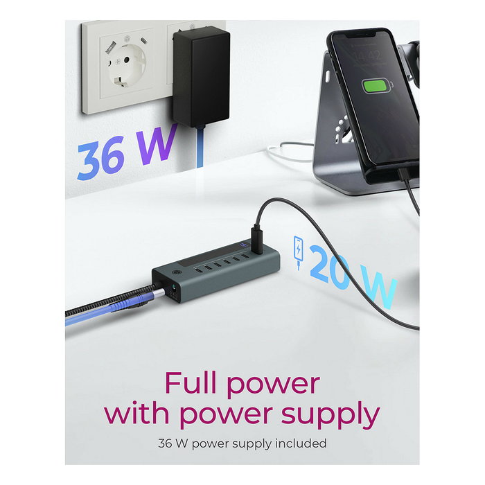 ICY BOX IB-HUB1457-C31 Hub USB-C de 7 Puertos 6xUSB-C 3.2 Gen2 Aluminio 20W PD - Azul/Gris