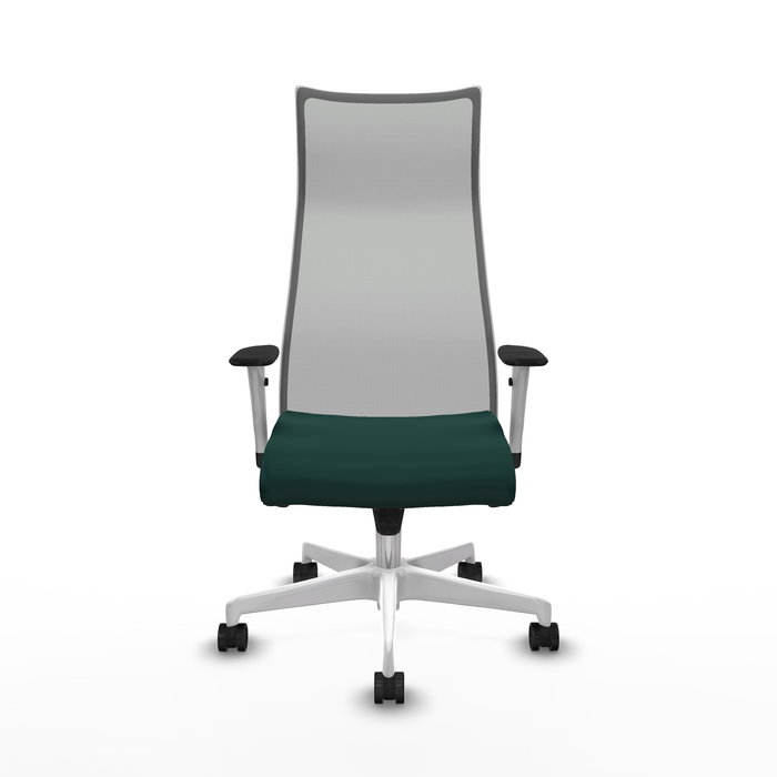 Sillón Albacete con mecanismo Sincro tapizada con Similpiel color Verde botella y malla color Gris. Equipado con Base poliamida blanca, Brazos 1D y Ruedas 65mm nailon