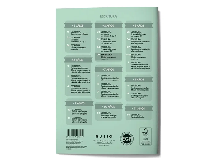 Rubio Cuaderno Caligrafía Nº 09 Desarrollo Destrezas Motrices Lenguaje Escrito Certificado FSC 15x213x155 mm