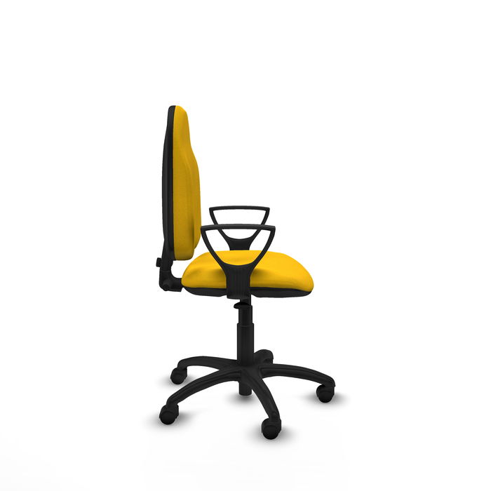 Silla de oficina Algarra con mecanismo Contacto permanente básico tapizada con Tela color Amarillo. Equipada con Base poliamida negra, Brazos fijos y Ruedas de nailon 50 mm Silla de oficina Algarra con mecanismo Contacto permanente básico tapizada con Tela color Amarillo. Equipada con Base poliamida negra, Brazos fijos y Ruedas de nailon 50 mm