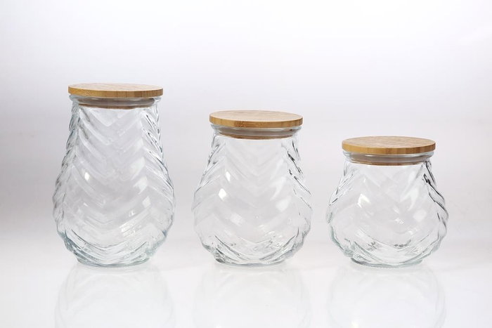 DKD Home Decor Set de 3 Botes de Cristal y Bambú