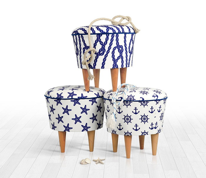 Atelier Del Sofa Puf Cunda v2 Blue, White de Microfibra para Sala de Estar, Diseño Impresionista, 42 cm Alto