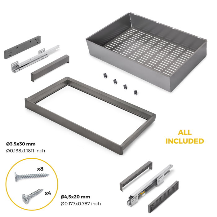 Emuca Kit de cajón metálico y bastidor regulable Quartz para armarios, guías de cierre suave y extracción total, Módulo 80cm, Acabado Titanio