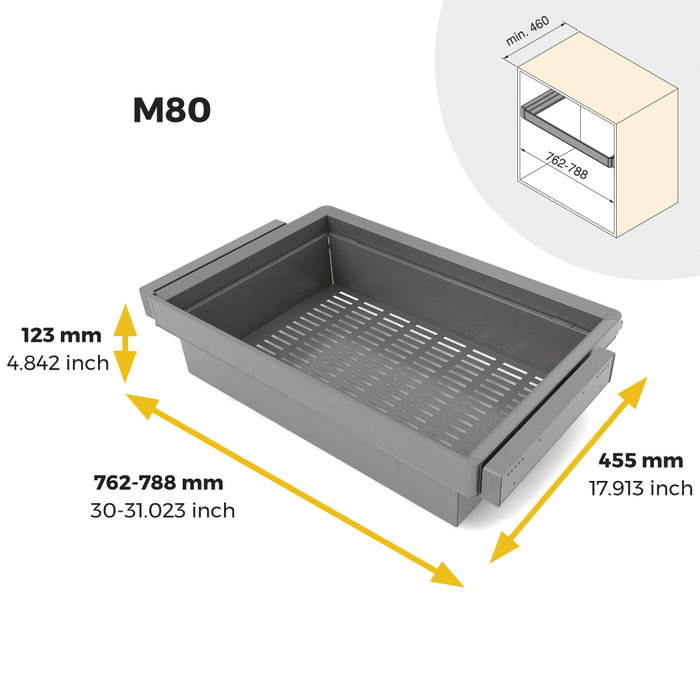 Emuca Kit de cajón metálico y bastidor regulable Quartz para armarios, guías de cierre suave y extracción total, Módulo 80cm, Acabado Titanio