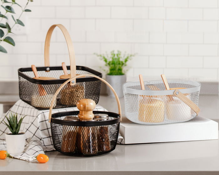 Inde Cesta Metal Ovalada con Asa de Bambú para Ordenación, 23 cm Largo x 18.9 cm Ancho x 10.8 cm Alto (12 Unidades)
