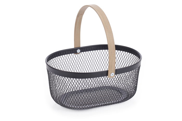 Inde Cesta Metal Ovalada con Asa de Bambú para Ordenación, 23 cm Largo x 18.9 cm Ancho x 10.8 cm Alto (12 Unidades)