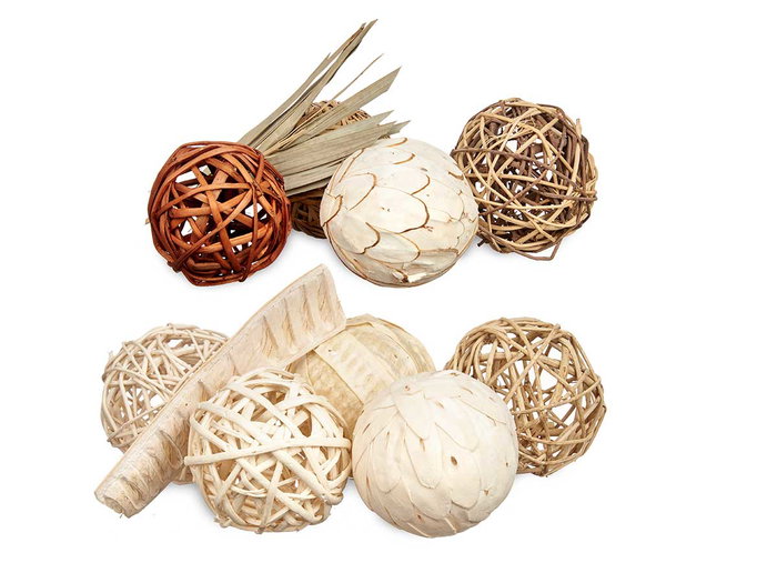 Giftdecor Set 6 Bolas Hoja Decoración Bolsa 2 Modelos Surtidos 22x40x9 cm Madera y Fibra Natural Blanco y Marrón (Set de 12)