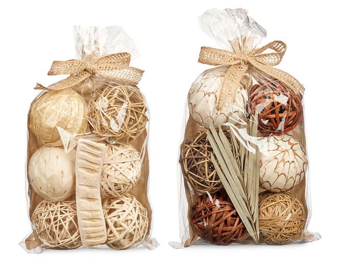 Giftdecor Set 6 Bolas Hoja Decoración Bolsa 2 Modelos Surtidos 22x40x9 cm Madera y Fibra Natural Blanco y Marrón (Set de 12)