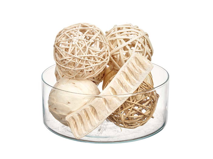 Giftdecor Set 6 Bolas Hoja Decoración Bolsa 2 Modelos Surtidos 22x40x9 cm Madera y Fibra Natural Blanco y Marrón (Set de 12)