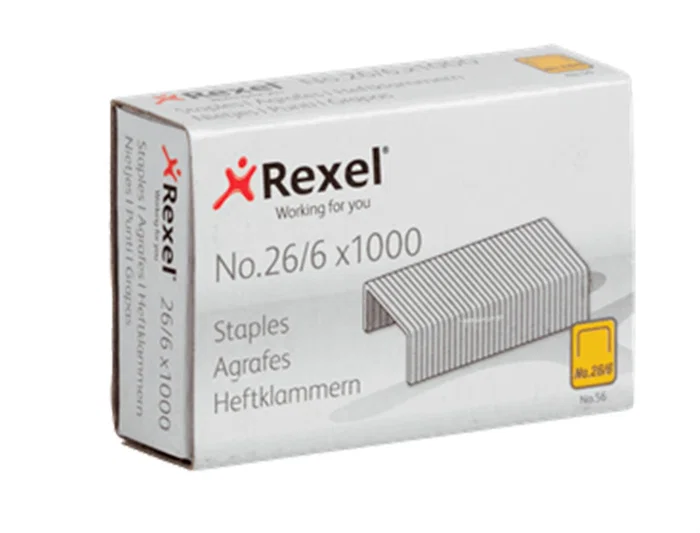 Rexel Grapas 26/6 mm Galvanizada Caja 1000 Unidades para Grapadora de Sobremesa, Oficina y Hogar, 20 Hojas