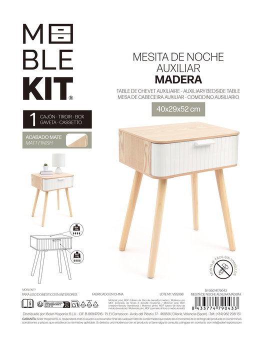 Inde Mesita de Noche Auxiliar de Madera Moblekit 16,8 cm Ancho x 41,9 cm Alto x 32,5 cm Largo (4 Unidades)