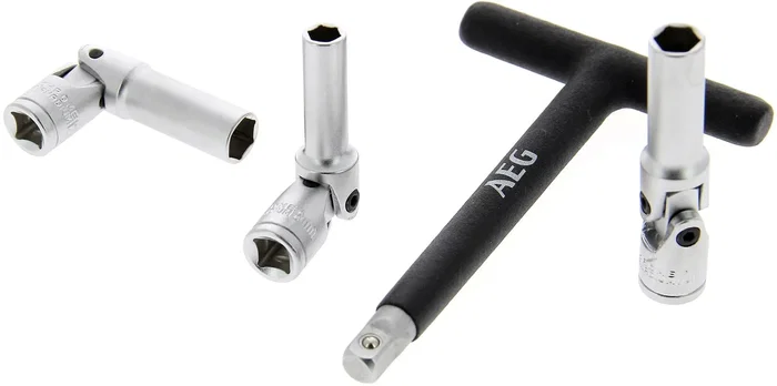 Aeg Llave de Bujía Diésel con 3 Enchufes Cardán 8mm 10mm 12mm Acero Inoxidable Mango T Espuma Antideslizante