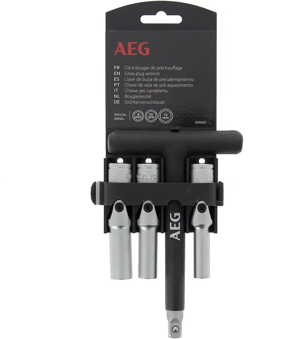 Aeg Llave de Bujía Diésel con 3 Enchufes Cardán 8mm 10mm 12mm Acero Inoxidable Mango T Espuma Antideslizante