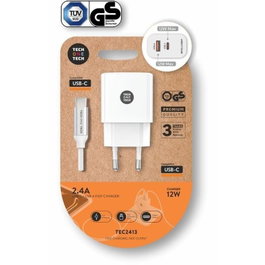 Tech One Tech TEC2413 Cargador de Pared 12W con USB-C, USB-A y Cable USB-C Blanco