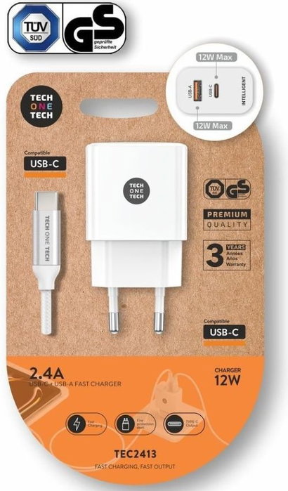 Tech One Tech TEC2413 Cargador de Pared 12W con Salidas USB-C y USB-A y Cable USB-C Blanco