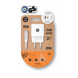 Tech One Tech Cargador USB Doble con Cable, USB-C + USB-A, 12W (2.4A), 100-240V, Carga Rápida Inteligente, Blanco, Nylon Trenzado, Certificado TÜV GS, CE