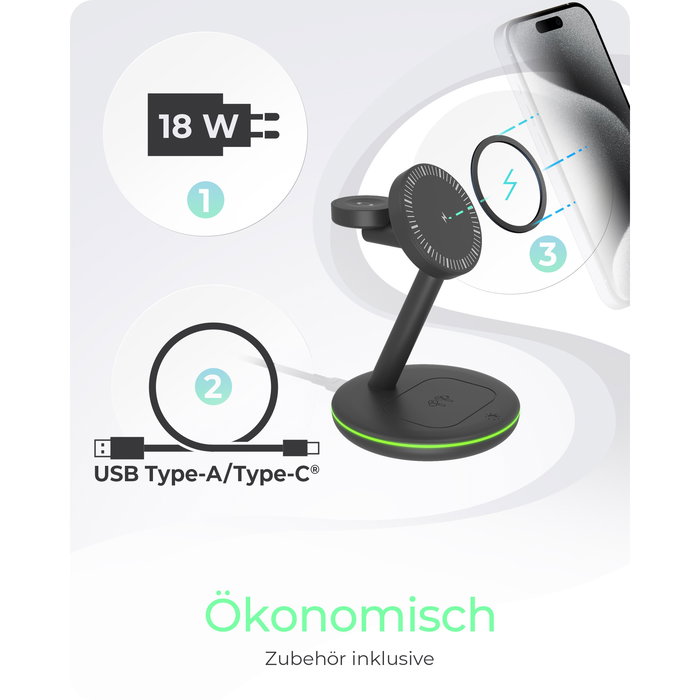 ICY BOX IB-SH102-CH Cargador Magnético 3 en 1 para Apple Watch, iPhone y AirPods, Negro, con Cable USB-C 1 m, 12 W
