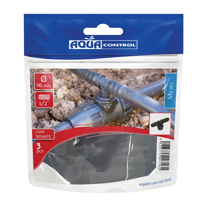 Aqua Control T Mixta para Tubos Ø16 mm a Rosca 1/2 Pulg, Polipropileno, Negro, 3 Unidades