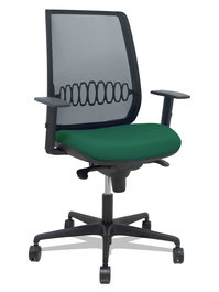 Silla de oficina Alares con mecanismo Sincro tapizada con Tela color Verde botella y malla color Negro. Equipada con lumbar 1D, Brazos 1D y Ruedas 65mm nailon