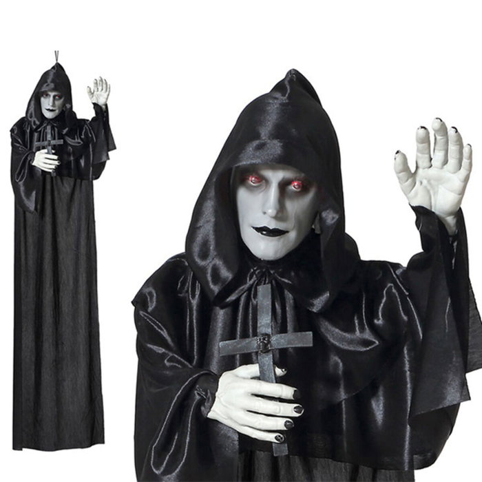 Atosa Figura Monje Colgante con Cruz, Capucha Negra y Luz LED en Ojos Rojos, 120 cm