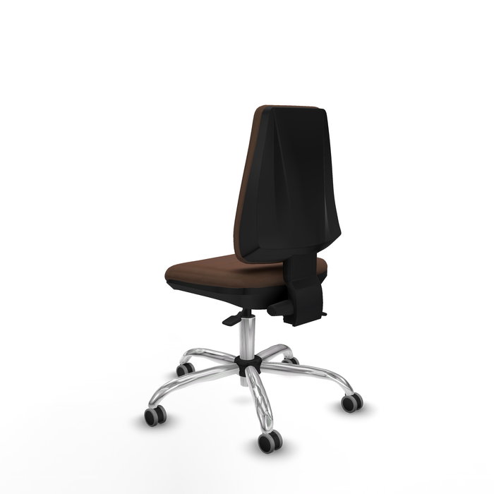 Silla de oficina Elche con mecanismo Asincro tapizada con Tela color Marrón oscuro. Equipada con Base cromada, Sin brazos y Ruedas 65 mm parqué