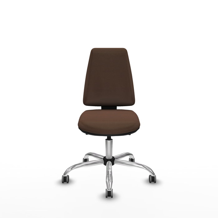 Silla de oficina Elche con mecanismo Asincro tapizada con Tela color Marrón oscuro. Equipada con Base cromada, Sin brazos y Ruedas 65 mm parqué