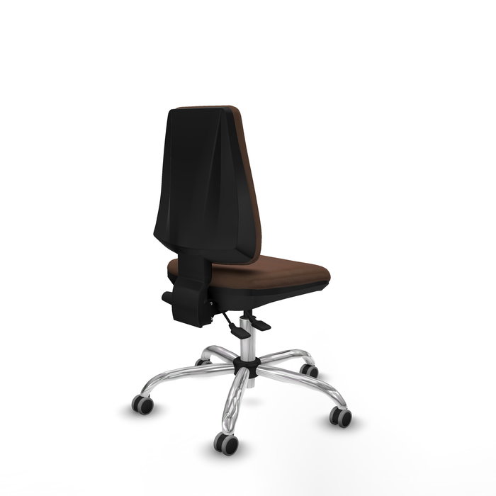 Silla de oficina Elche con mecanismo Asincro tapizada con Tela color Marrón oscuro. Equipada con Base cromada, Sin brazos y Ruedas 65 mm parqué